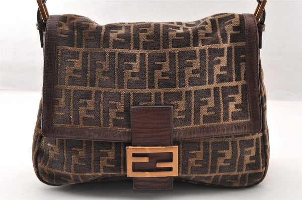 Authentic FENDI Zucca Mamma Baguette Shoulder Bag Velour Leather Brown 8073I