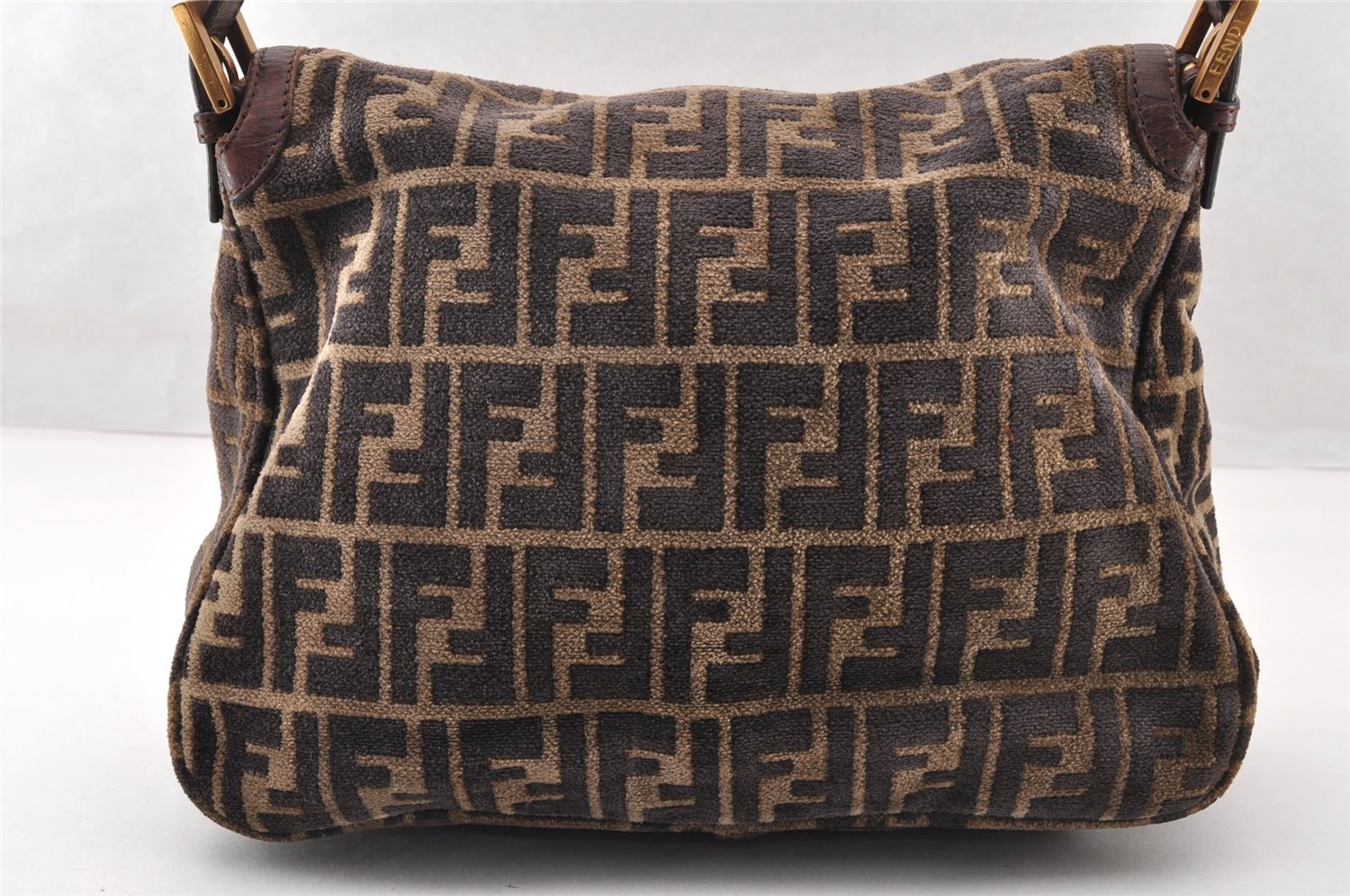 Authentic FENDI Zucca Mamma Baguette Shoulder Bag Velour Leather Brown 8073I