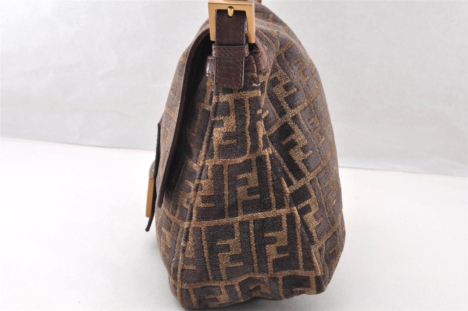 Authentic FENDI Zucca Mamma Baguette Shoulder Bag Velour Leather Brown 8073I