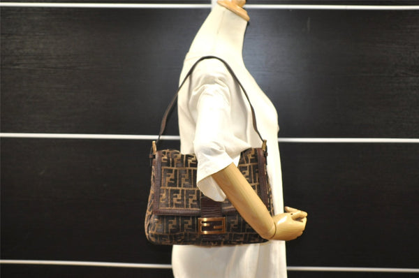 Authentic FENDI Zucca Mamma Baguette Shoulder Bag Velour Leather Brown 8073I