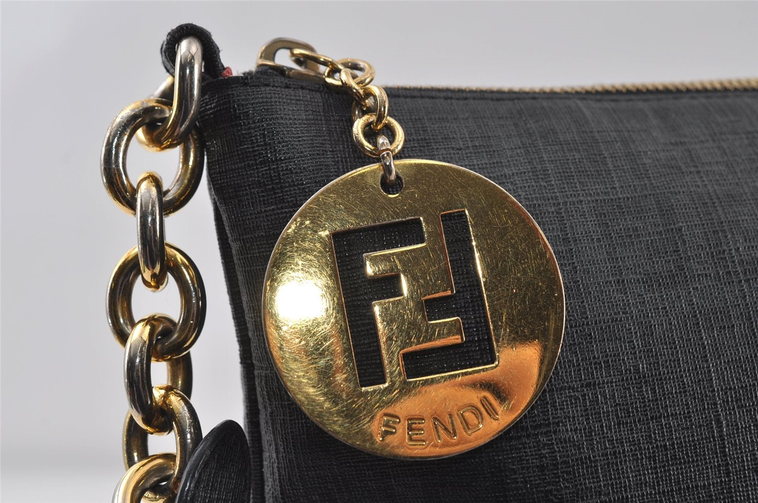 Authentic FENDI Zucchino Shoulder Cross Body Bag Purse PVC Leather Black 8074I