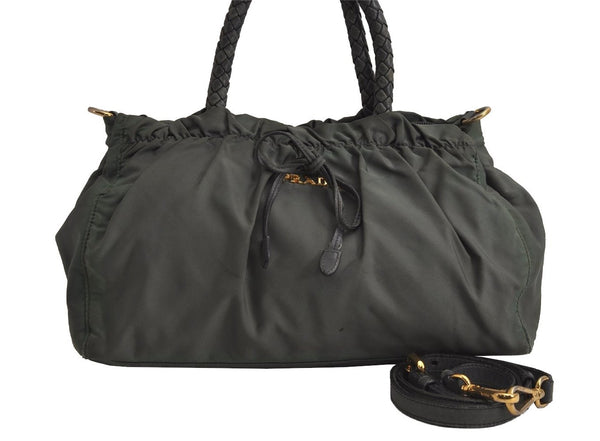 Authentic PRADA Tessuto Bow Ribbon Nylon Leather 2Way Hand Bag Green 8074J