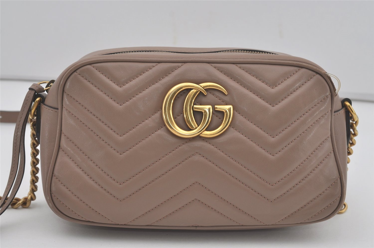 Authentic GUCCI GG Marmont Chain Shoulder Cross Bag Leather 447632 Beige 8075I