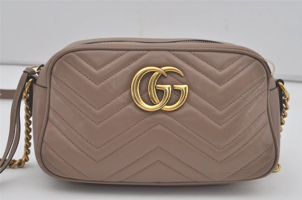 Authentic GUCCI GG Marmont Chain Shoulder Cross Bag Leather 447632 Beige 8075I