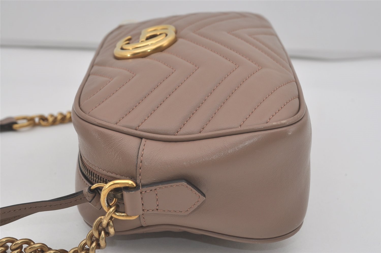 Authentic GUCCI GG Marmont Chain Shoulder Cross Bag Leather 447632 Beige 8075I