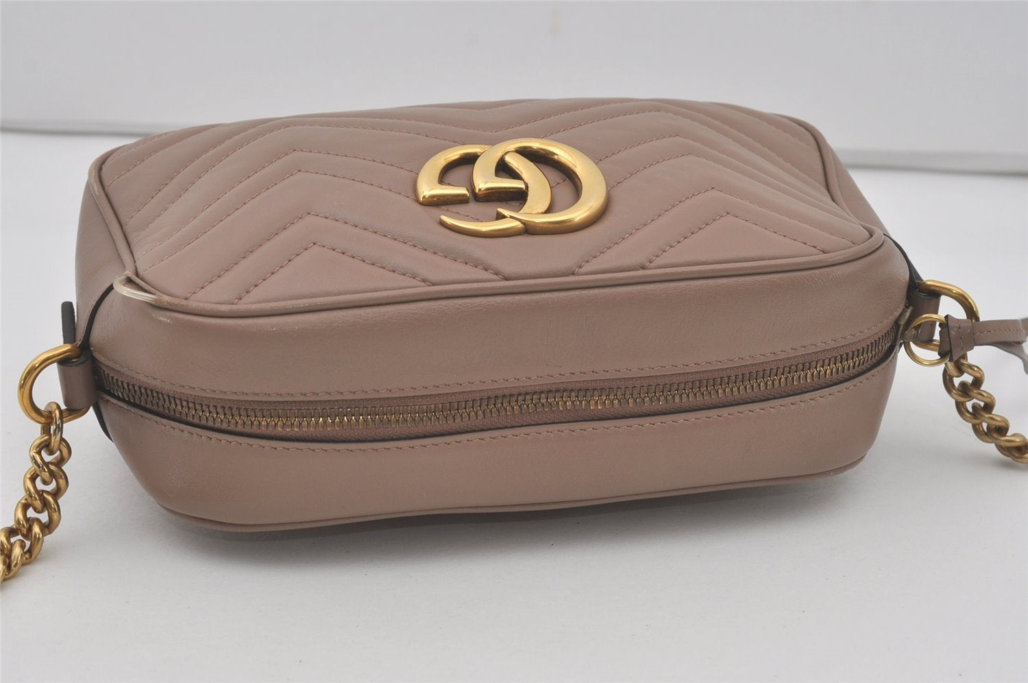 Authentic GUCCI GG Marmont Chain Shoulder Cross Bag Leather 447632 Beige 8075I