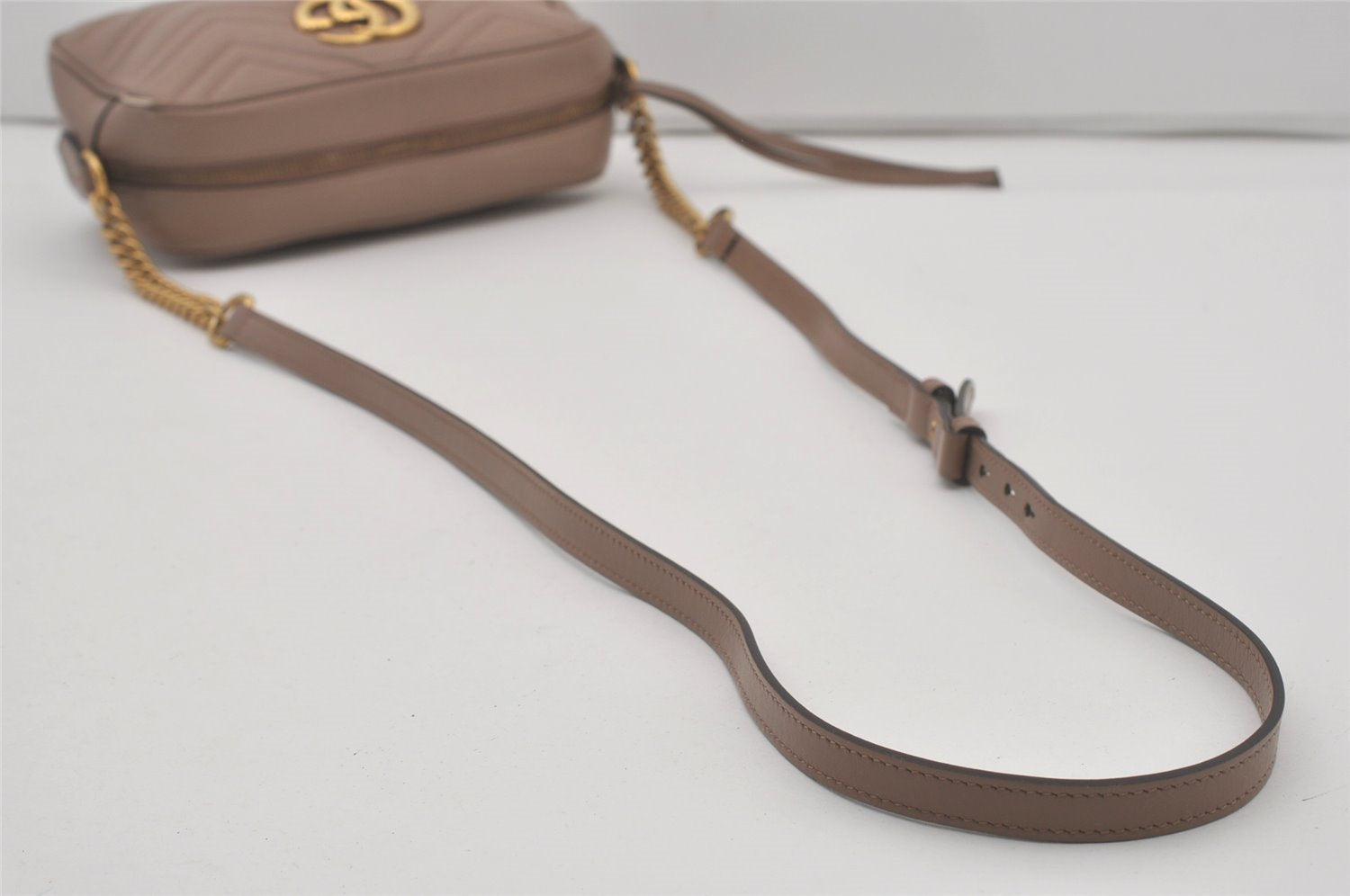 Authentic GUCCI GG Marmont Chain Shoulder Cross Bag Leather 447632 Beige 8075I