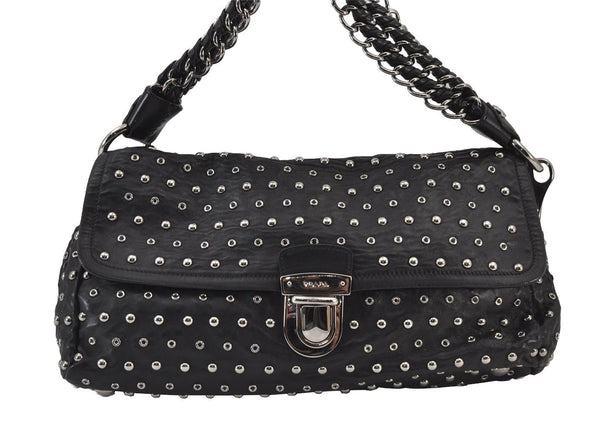 Authentic PRADA Studs Leather Nappa Chain Shoulder Hand Bag Black Junk 8078J