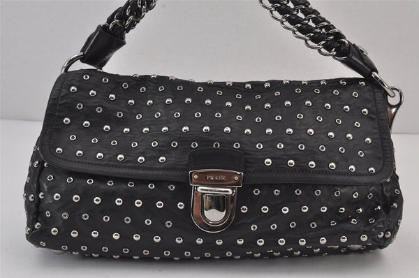 Authentic PRADA Studs Leather Nappa Chain Shoulder Hand Bag Black Junk 8078J