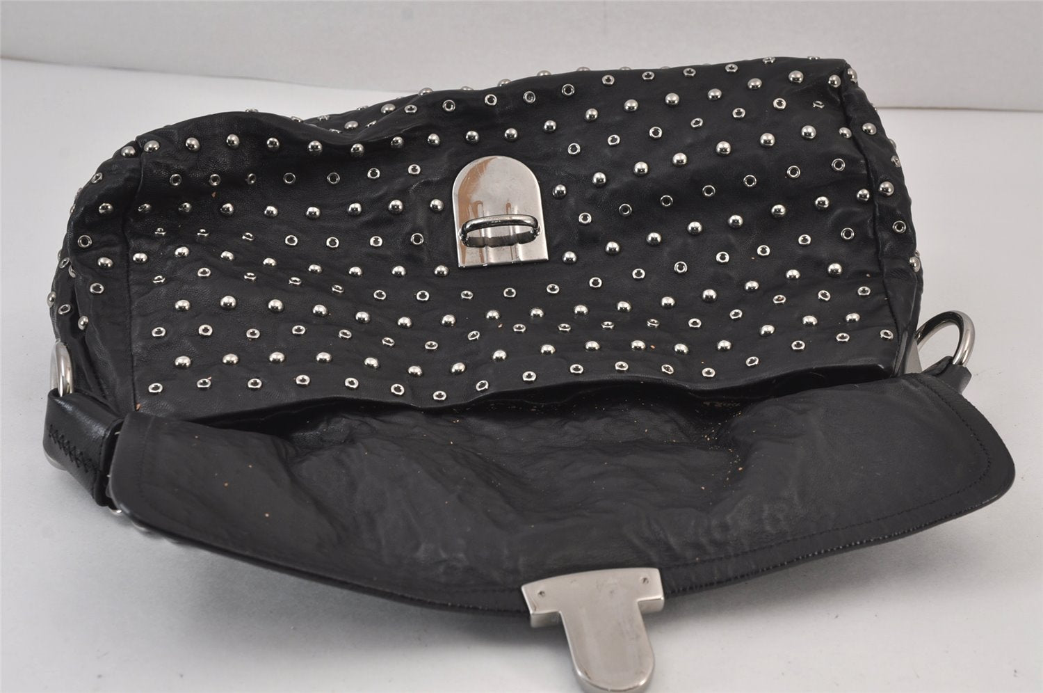 Authentic PRADA Studs Leather Nappa Chain Shoulder Hand Bag Black Junk 8078J