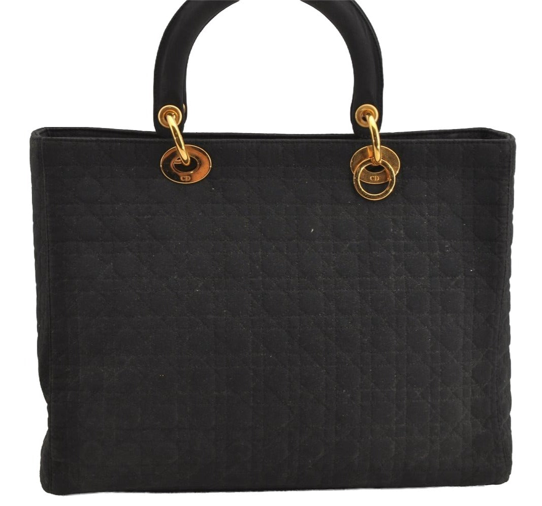 Authentic Christian Dior Lady Dior Cannage Nylon Hand Tote Bag Black CD 8084I
