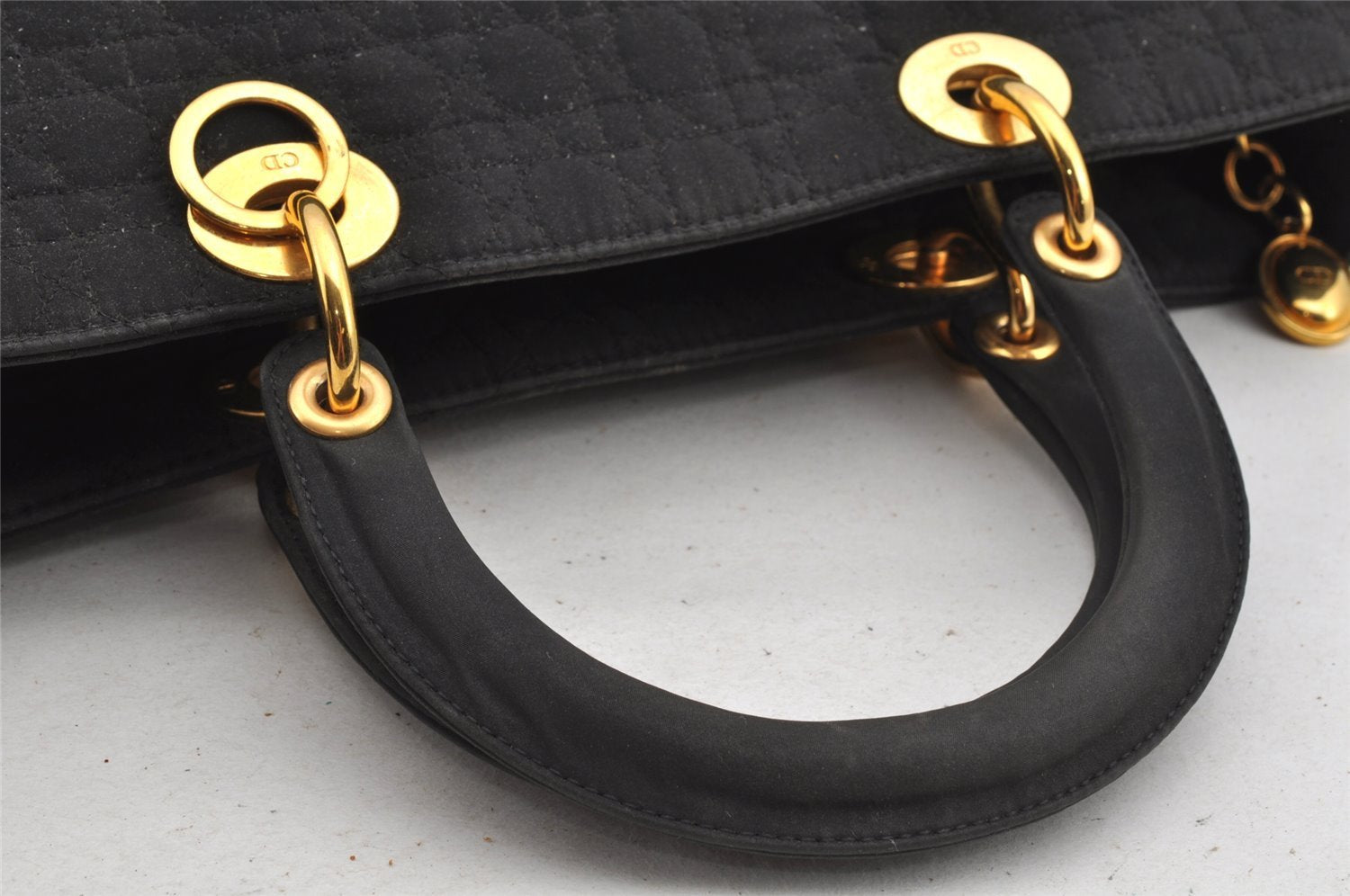 Authentic Christian Dior Lady Dior Cannage Nylon Hand Tote Bag Black CD 8084I