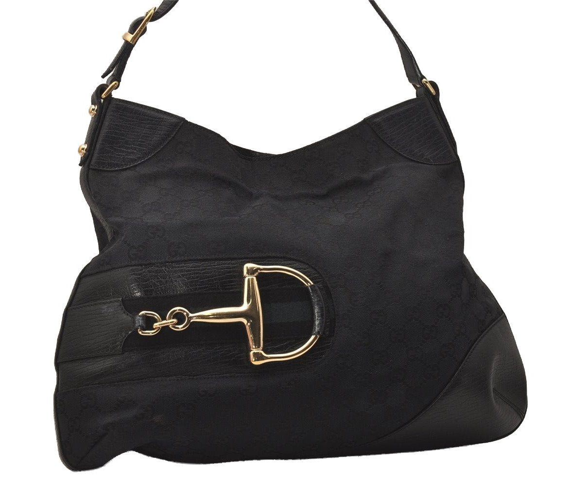 Authentic GUCCI Sherry Line Horsebit Shoulder Bag GG Canvas 137386 Black 8089J