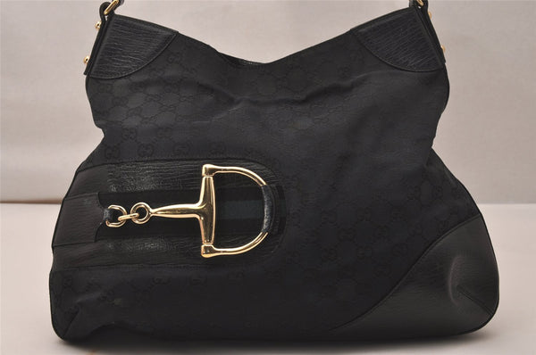 Authentic GUCCI Sherry Line Horsebit Shoulder Bag GG Canvas 137386 Black 8089J