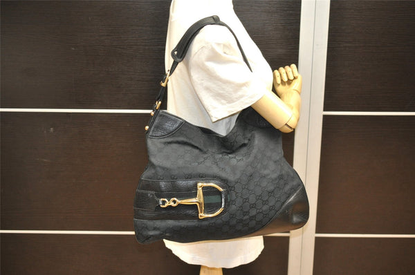 Authentic GUCCI Sherry Line Horsebit Shoulder Bag GG Canvas 137386 Black 8089J