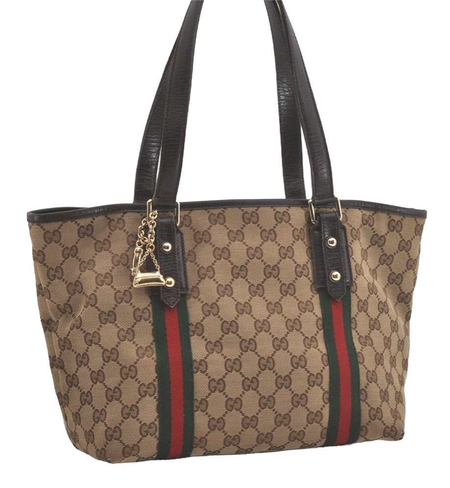 Authentic GUCCI Web Sherry Line Tote Bag GG Canvas Leather 137396 Brown 8092I