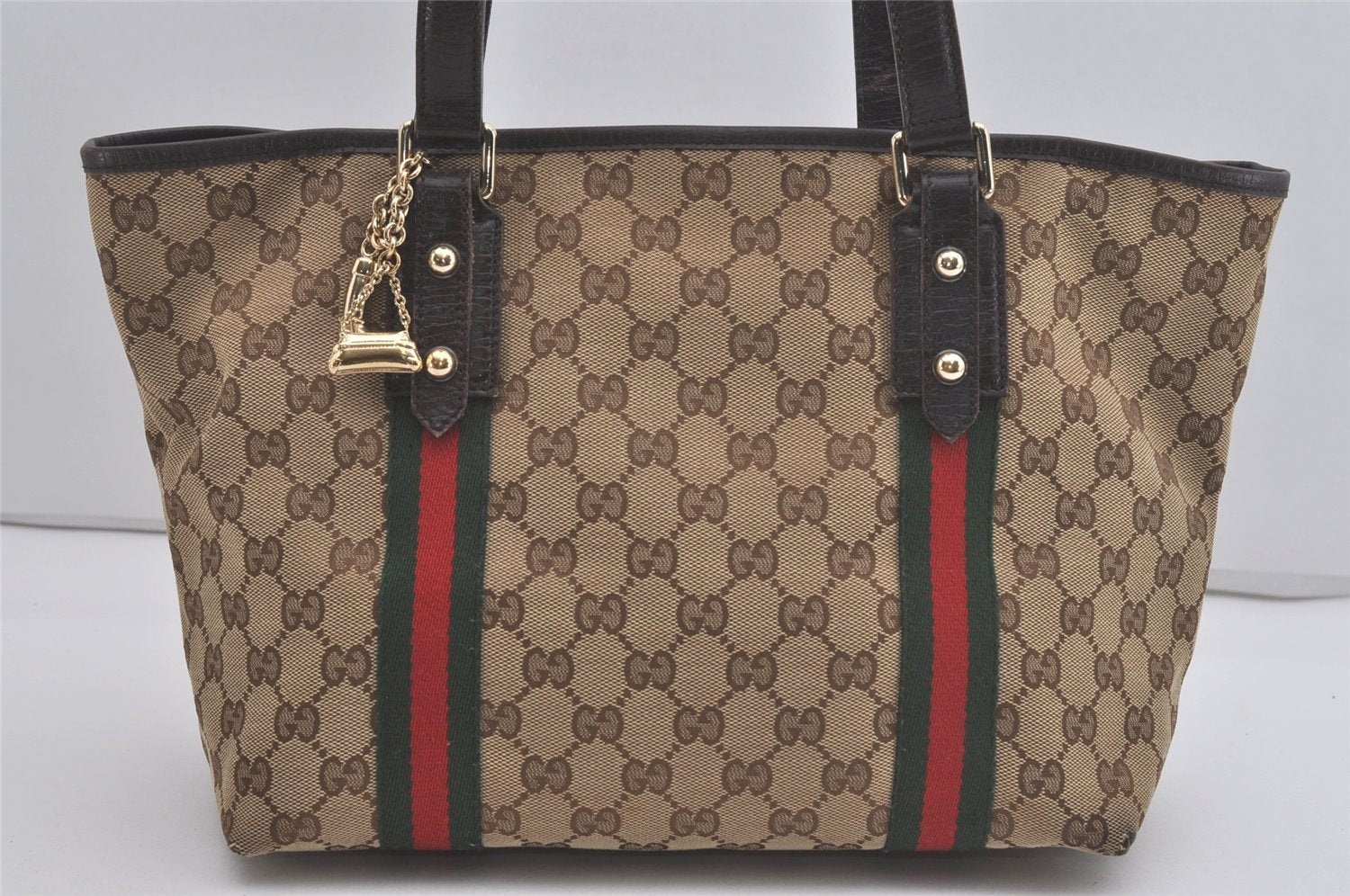 Authentic GUCCI Web Sherry Line Tote Bag GG Canvas Leather 137396 Brown 8092I