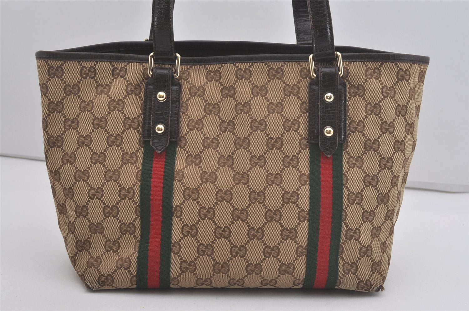 Authentic GUCCI Web Sherry Line Tote Bag GG Canvas Leather 137396 Brown 8092I