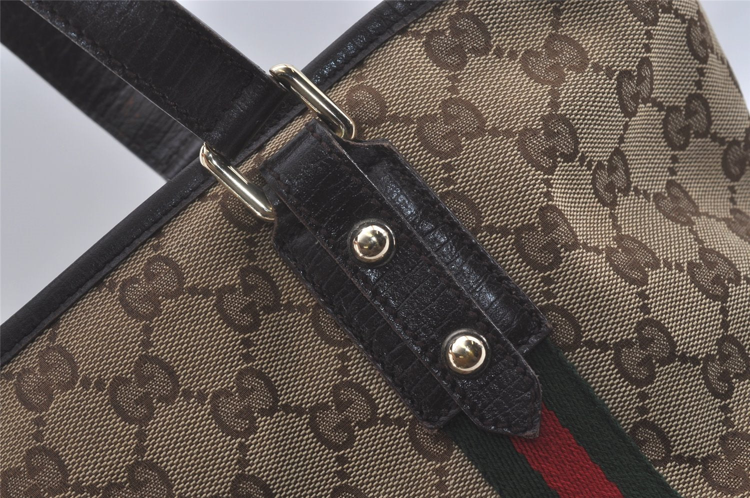 Authentic GUCCI Web Sherry Line Tote Bag GG Canvas Leather 137396 Brown 8092I