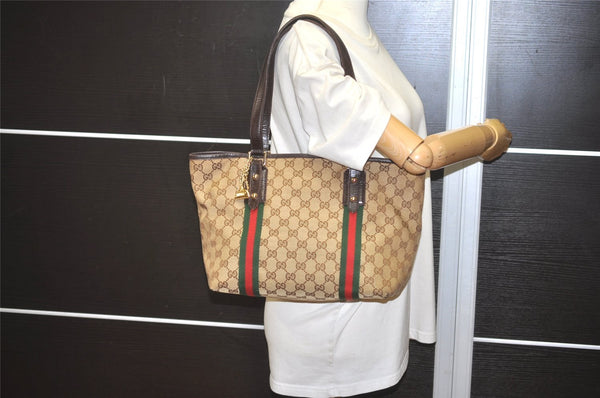 Authentic GUCCI Web Sherry Line Tote Bag GG Canvas Leather 137396 Brown 8092I
