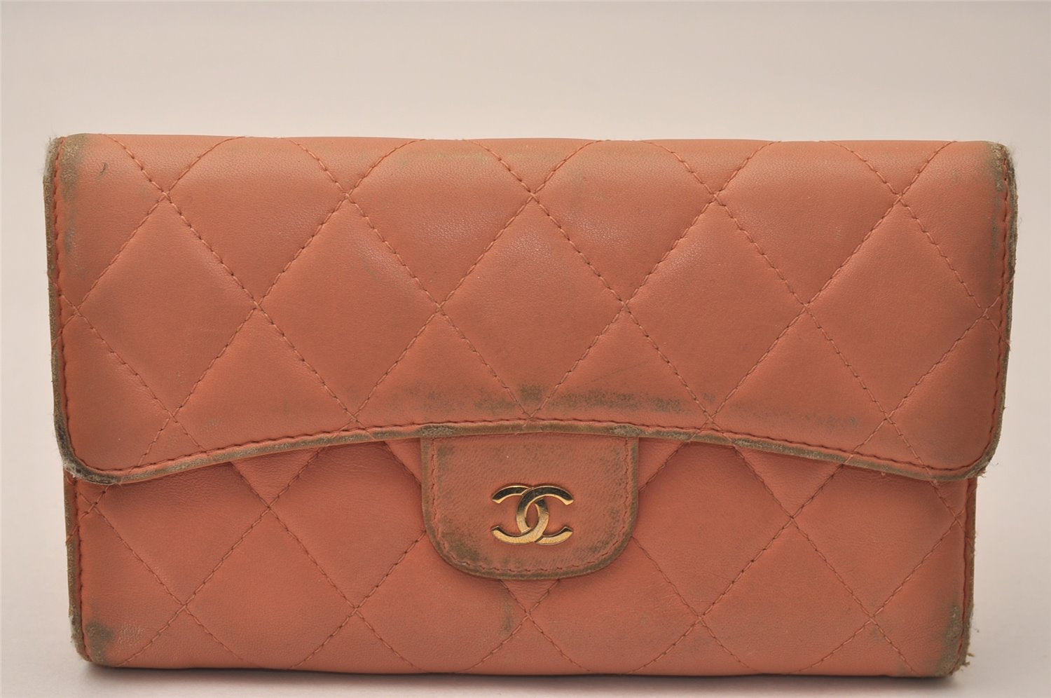 Authentic CHANEL Lamb Skin Matelasse Trifold Long Wallet Purse Pink CC 8095J