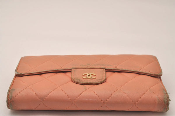 Authentic CHANEL Lamb Skin Matelasse Trifold Long Wallet Purse Pink CC 8095J