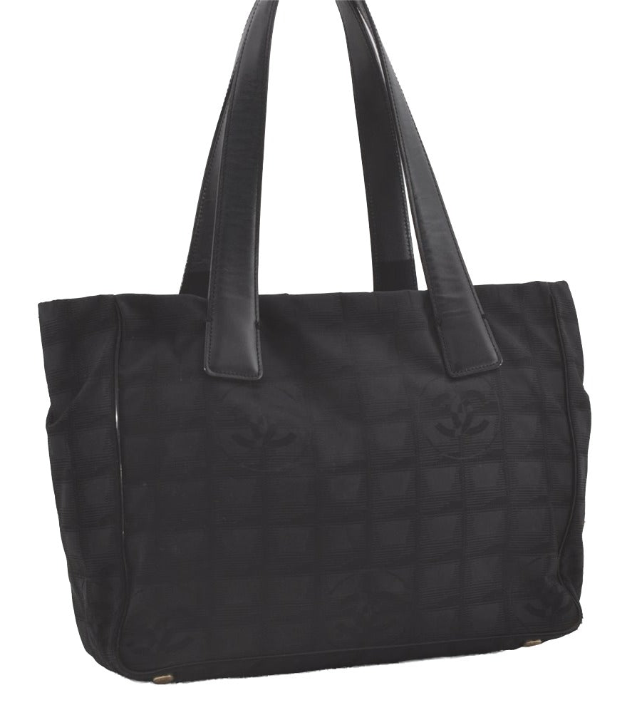 Authentic CHANEL New Travel Line Shoulder Tote Bag Nylon Leather Black 8096I