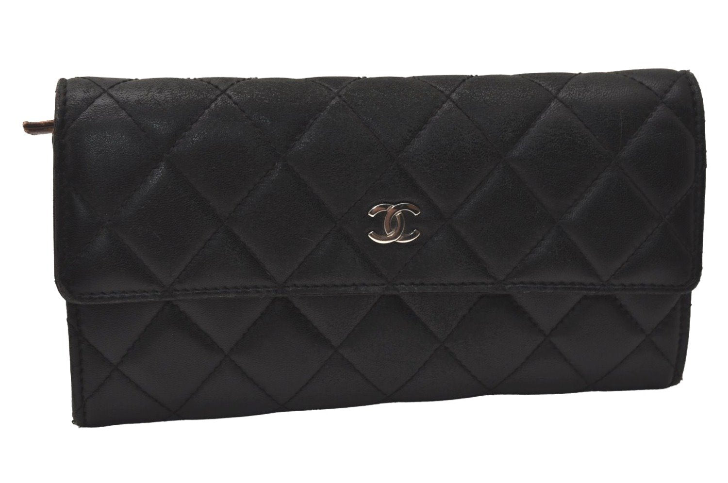 Authentic CHANEL Calf Skin Matelasse Long Wallet Purse CC Logo Black 8096J