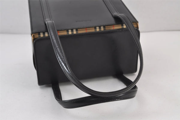 Authentic Burberrys Vintage Nova Check Leather Shoulder Hand Bag Black 8097J