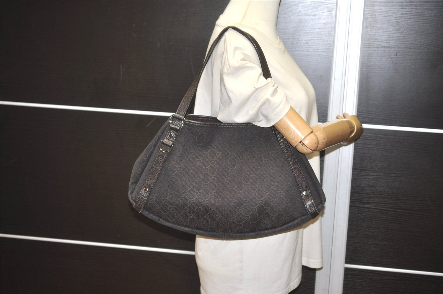 Authentic GUCCI Abbey Shoulder Tote Bag GG Canvas Leather 293578 Brown 8098I