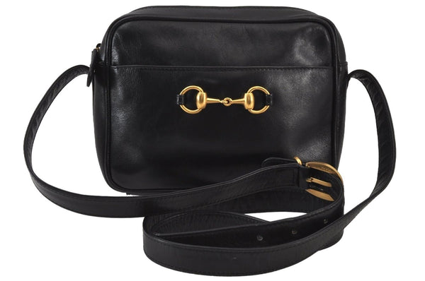 Authentic GUCCI Horsebit Shoulder Cross Body Bag Purse Leather Black Junk 8098J