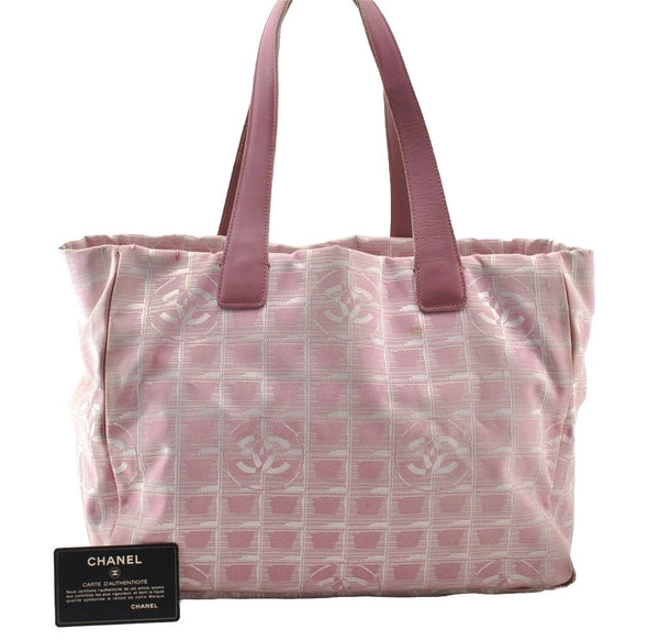 Authentic CHANEL New Travel Line Shoulder Tote Bag Nylon Leather Pink 8106I