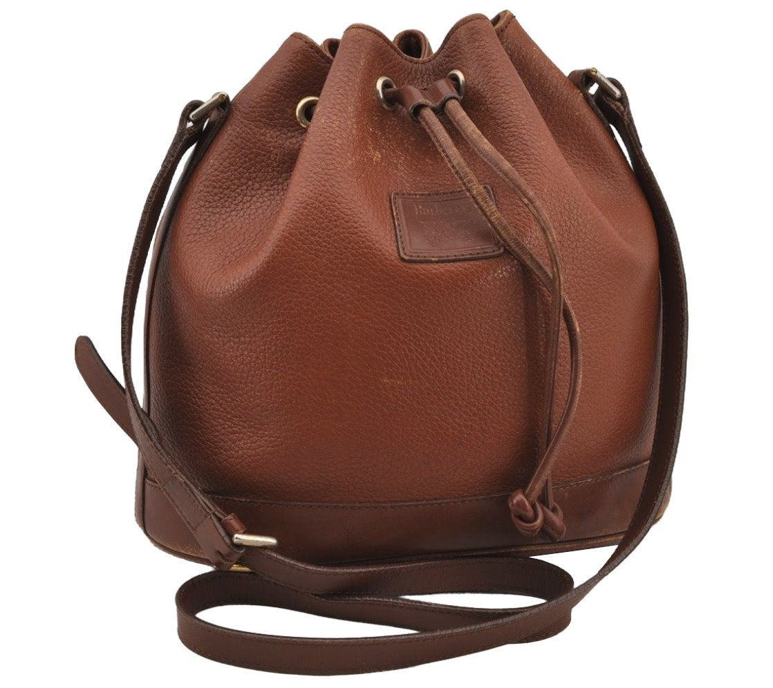 Authentic Burberrys Shoulder Cross Body Drawstring Bag Purse Leather Brown 8107J