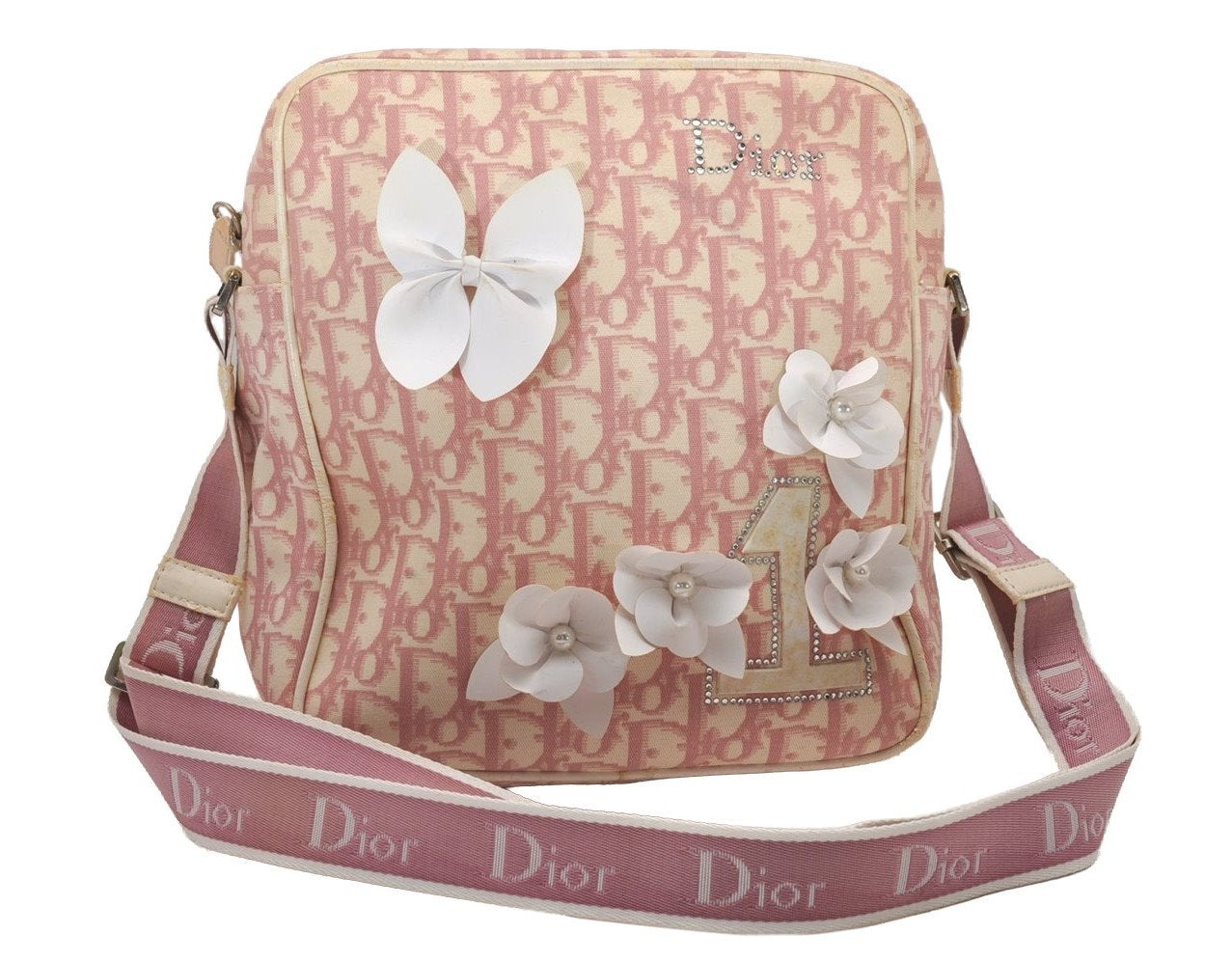 Auth Christian Dior Trotter Flower No.1 Shoulder Bag Canvas Leather Pink 8108I