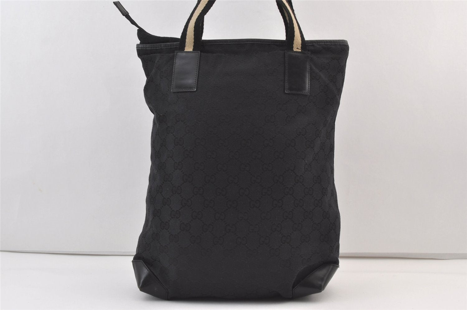 Authentic GUCCI Sherry Line Tote Bag GG Canvas Leather 0190401 Black 8112J