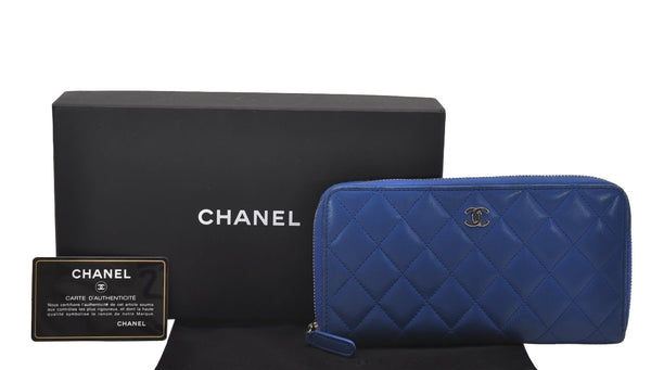 Authentic CHANEL Lamb Skin Matelasse Vintage Long Wallet Purse Blue CC Box 8117I