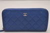 Authentic CHANEL Lamb Skin Matelasse Vintage Long Wallet Purse Blue CC Box 8117I