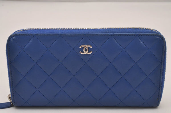 Authentic CHANEL Lamb Skin Matelasse Vintage Long Wallet Purse Blue CC Box 8117I