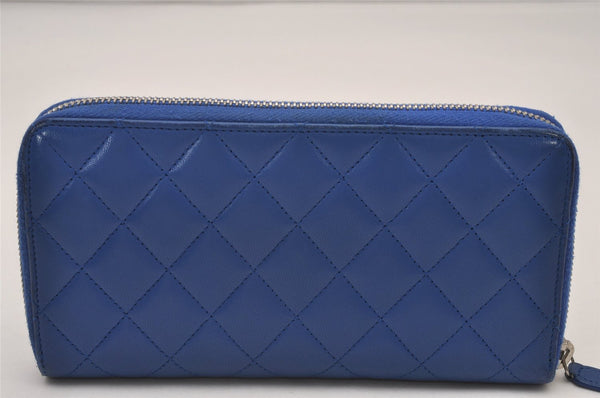 Authentic CHANEL Lamb Skin Matelasse Vintage Long Wallet Purse Blue CC Box 8117I