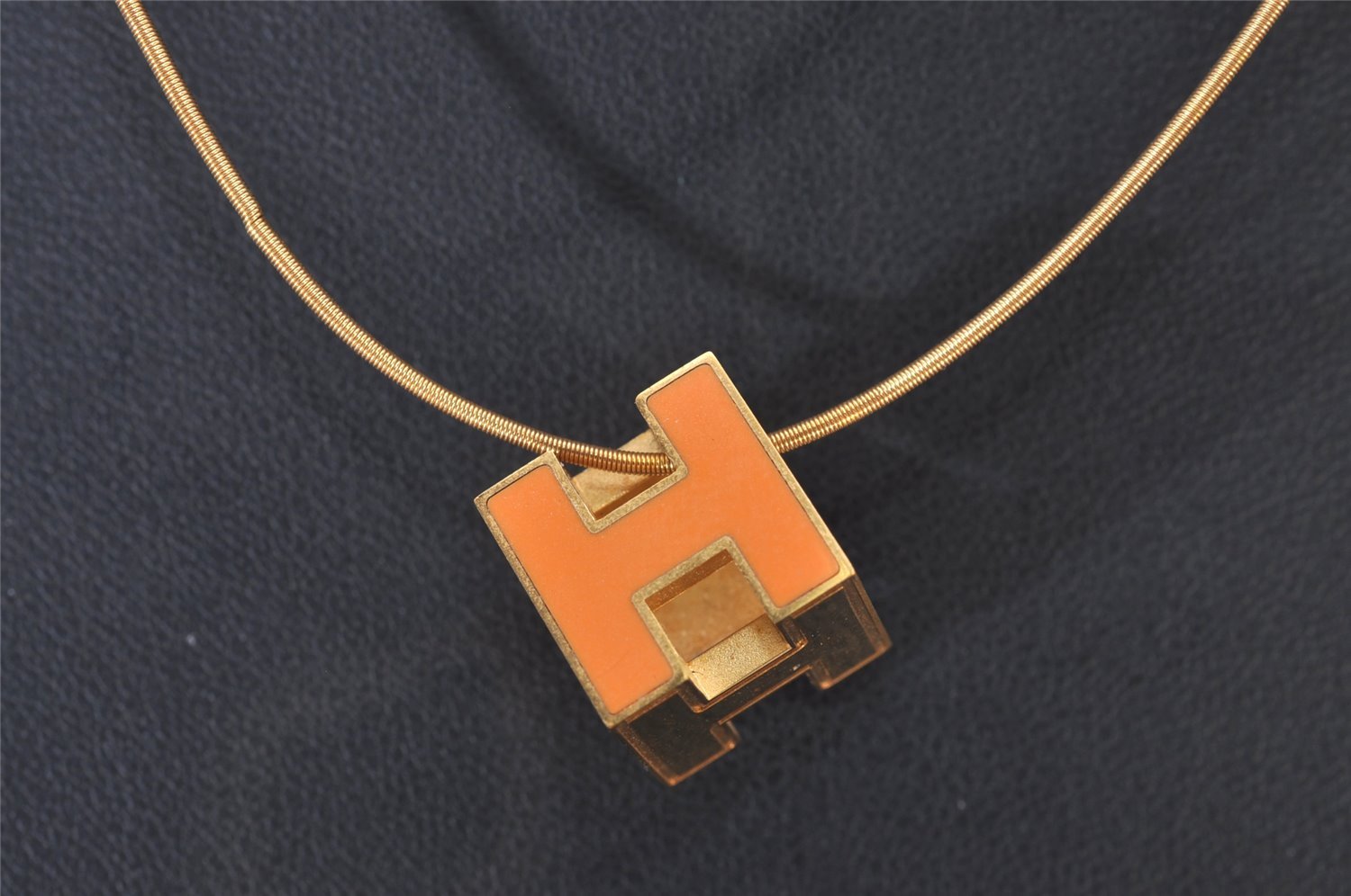 Authentic HERMES Cage De Ash H Cube Pendant Necklace Orange Gold Junk 8119I