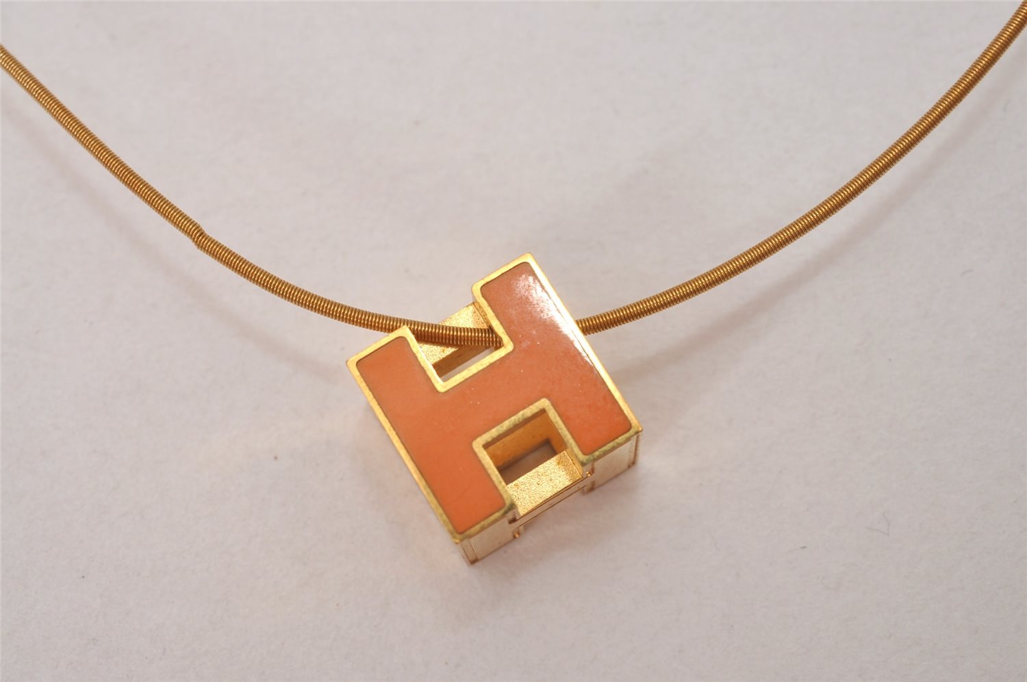 Authentic HERMES Cage De Ash H Cube Pendant Necklace Orange Gold Junk 8119I