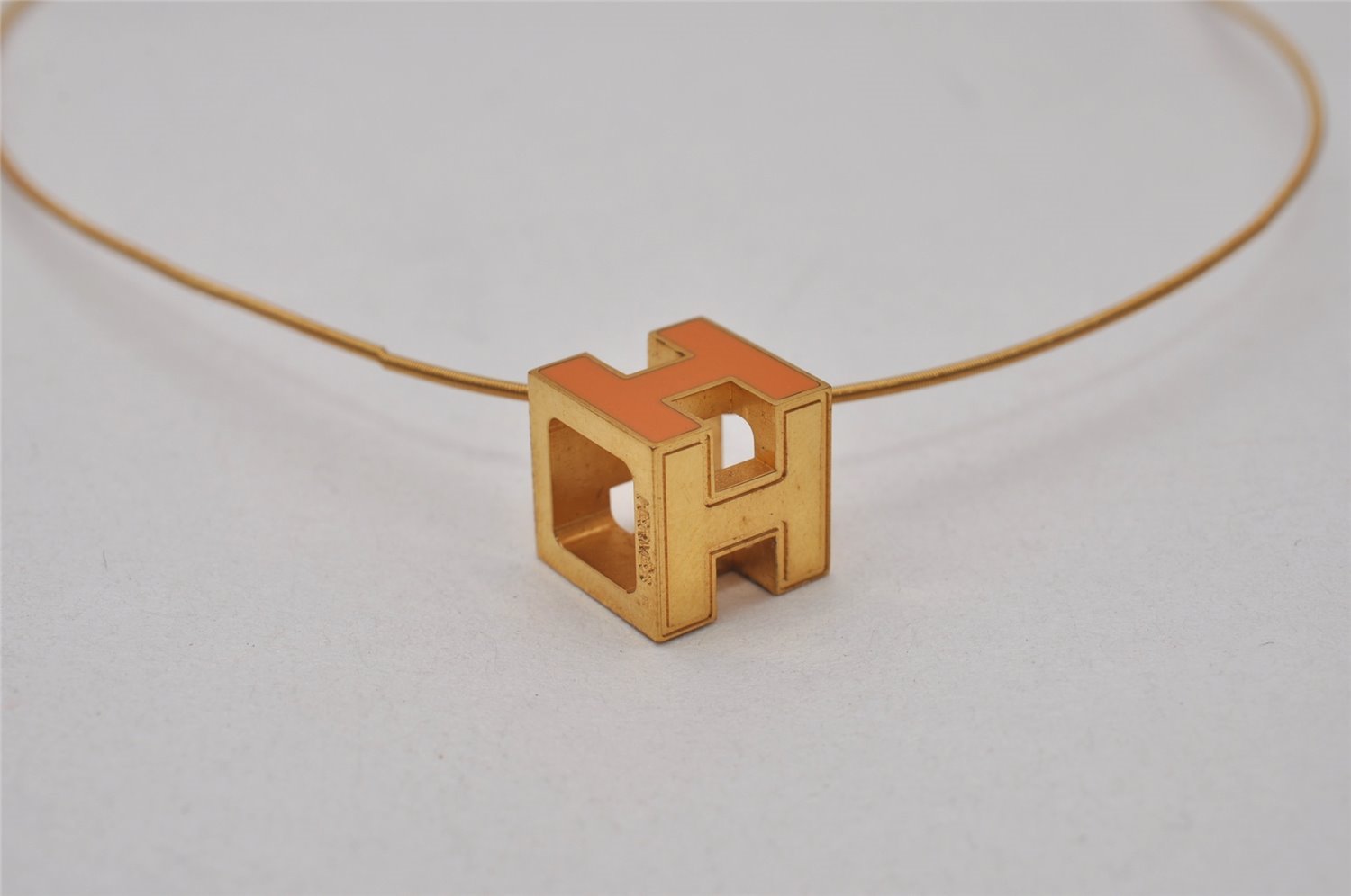 Authentic HERMES Cage De Ash H Cube Pendant Necklace Orange Gold Junk 8119I