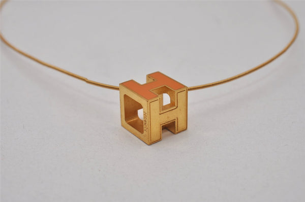 Authentic HERMES Cage De Ash H Cube Pendant Necklace Orange Gold Junk 8119I