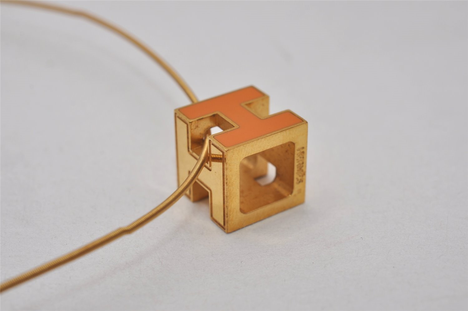 Authentic HERMES Cage De Ash H Cube Pendant Necklace Orange Gold Junk 8119I