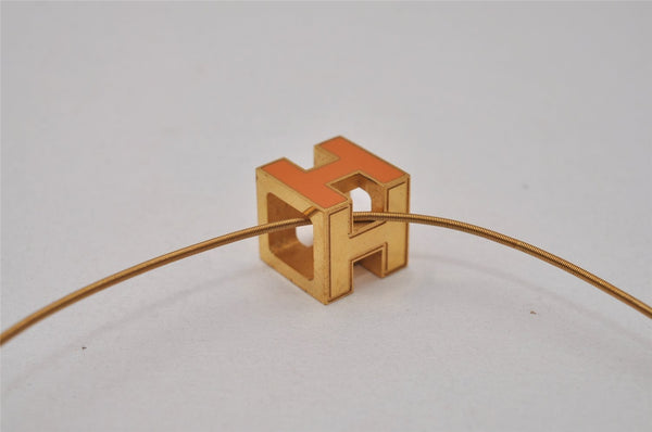 Authentic HERMES Cage De Ash H Cube Pendant Necklace Orange Gold Junk 8119I