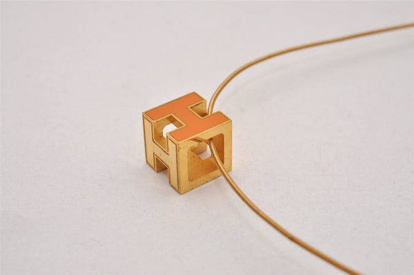 Authentic HERMES Cage De Ash H Cube Pendant Necklace Orange Gold Junk 8119I