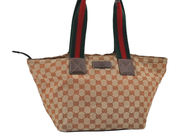 Authentic GUCCI Web Sherry Line Tote Bag GG Nylon Leather 131230 Brown 8121J