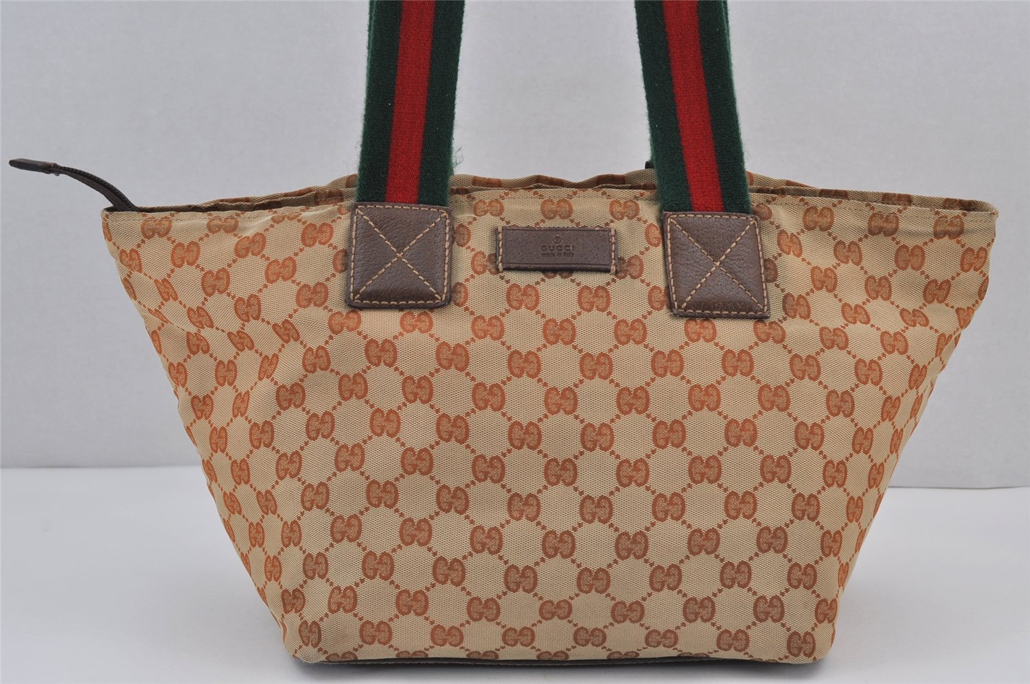 Authentic GUCCI Web Sherry Line Tote Bag GG Nylon Leather 131230 Brown 8121J