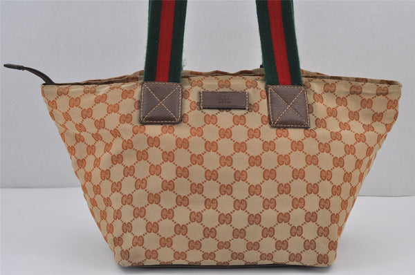 Authentic GUCCI Web Sherry Line Tote Bag GG Nylon Leather 131230 Brown 8121J