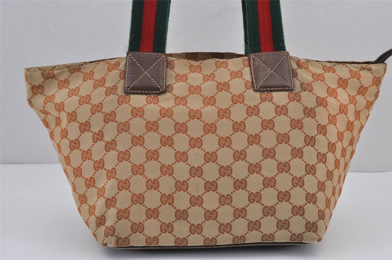 Authentic GUCCI Web Sherry Line Tote Bag GG Nylon Leather 131230 Brown 8121J